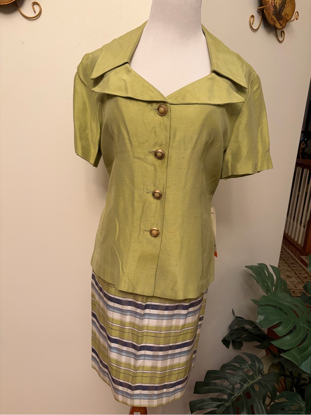 Lime Green Satin Pencil Skirt Set with Button-Front Top